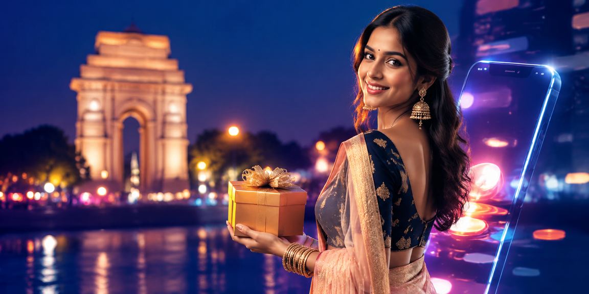 Indian woman playing lottery online at India Gate, Delhi