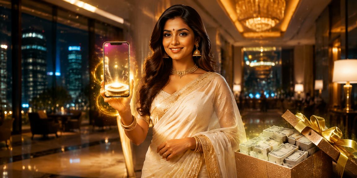 Happy Indian woman using 30200 betting app on mobile